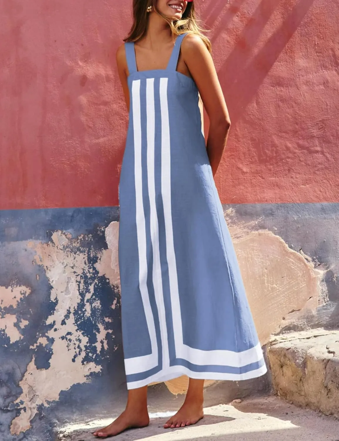 Womens Striped Maxi Dress Summer Boho Color Bock Square Neck Sleeveless Tank Shift Sundress Beach Overall Long Dress