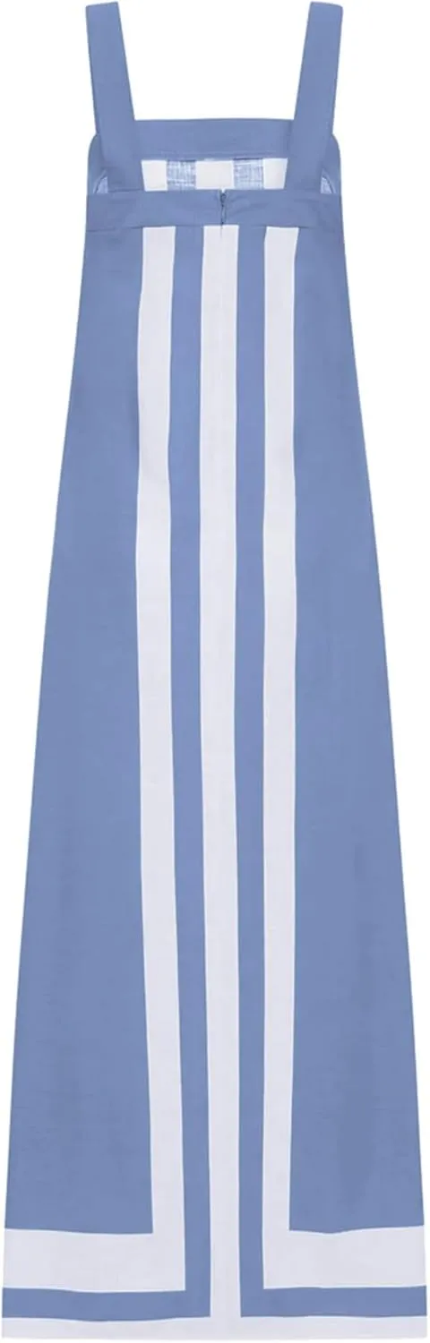 Womens Striped Maxi Dress Summer Boho Color Bock Square Neck Sleeveless Tank Shift Sundress Beach Overall Long Dress