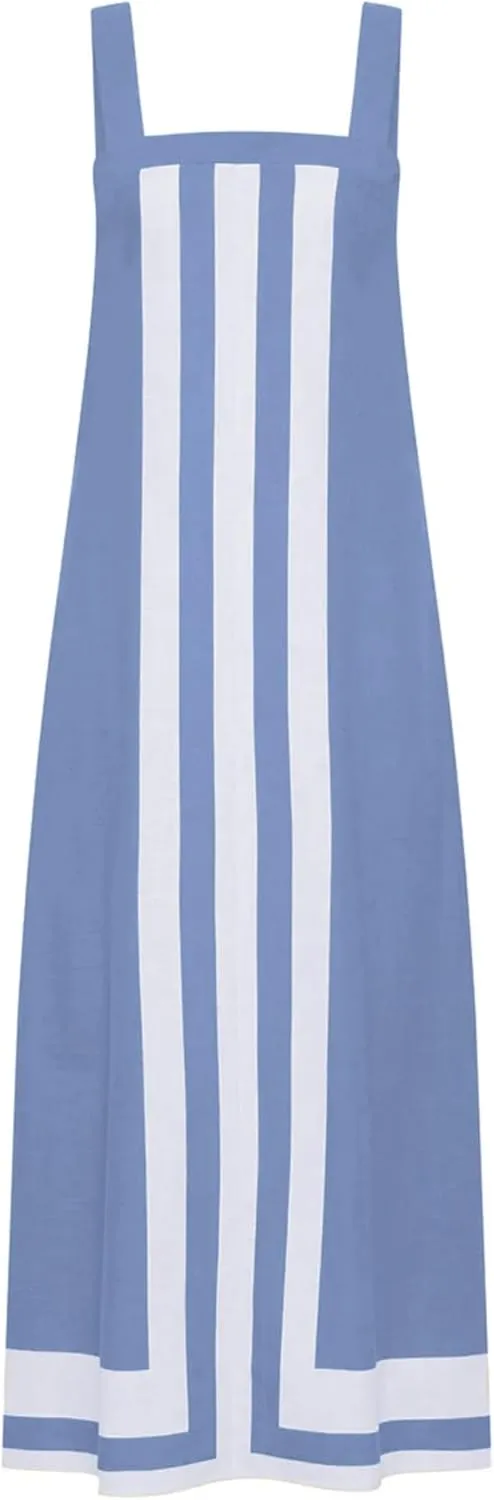 Womens Striped Maxi Dress Summer Boho Color Bock Square Neck Sleeveless Tank Shift Sundress Beach Overall Long Dress