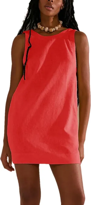 Womens Summer Crew Neck Sleeveless Open Back Dress Casual Beach Sunshine Cotton Linen Mini Dress(0793-Red-L), Large