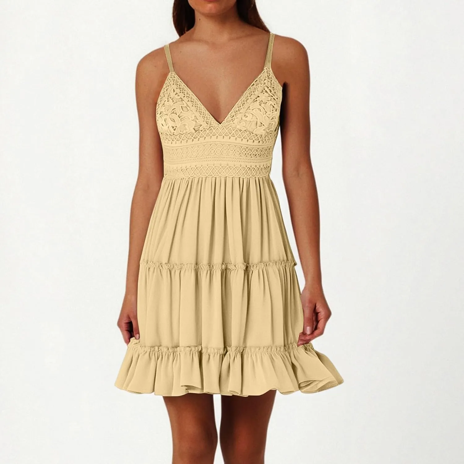 Women's Summer Dresses 2025 Mini Lace Floral V Neck Sleeveless Puffy Dress Elegant Flowy Tie Back Concert Milkmaid Dress