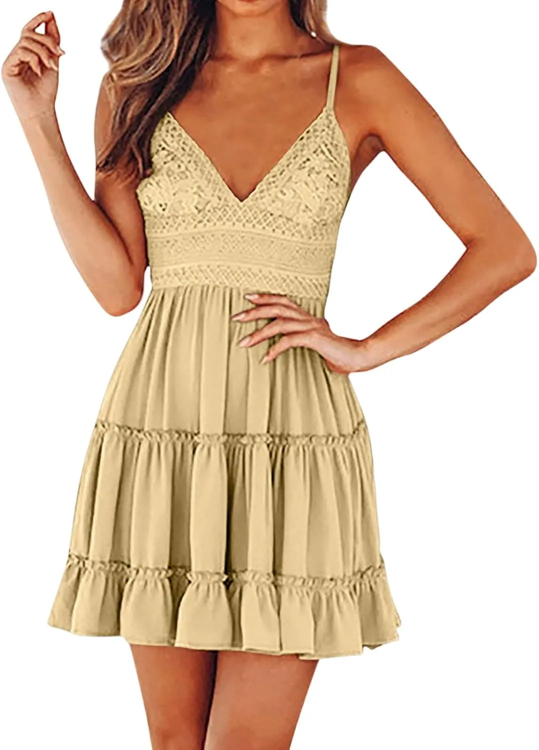 Women's Summer Dresses 2025 Mini Lace Floral V Neck Sleeveless Puffy Dress Elegant Flowy Tie Back Concert Milkmaid Dress
