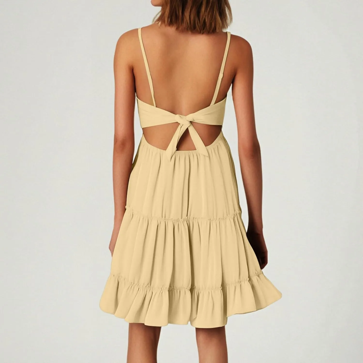 Women's Summer Dresses 2025 Mini Lace Floral V Neck Sleeveless Puffy Dress Elegant Flowy Tie Back Concert Milkmaid Dress
