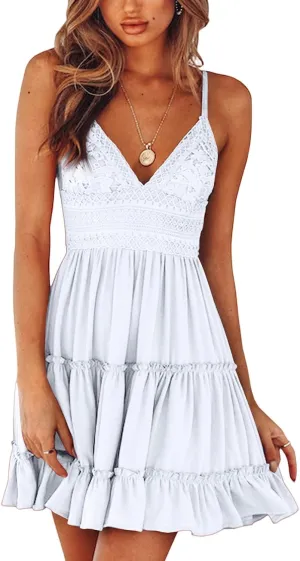 Women's Summer Dresses 2025 Mini Lace Floral V Neck Sleeveless Puffy Dress Elegant Flowy Tie Back Concert Milkmaid Dress