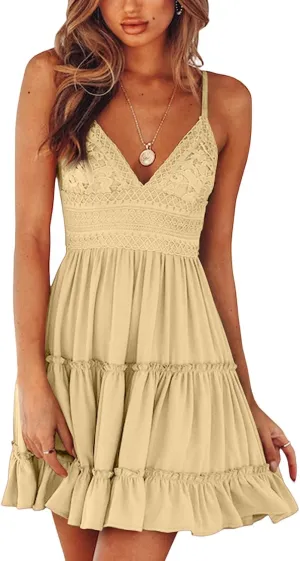 Women's Summer Dresses 2025 Mini Lace Floral V Neck Sleeveless Puffy Dress Elegant Flowy Tie Back Concert Milkmaid Dress