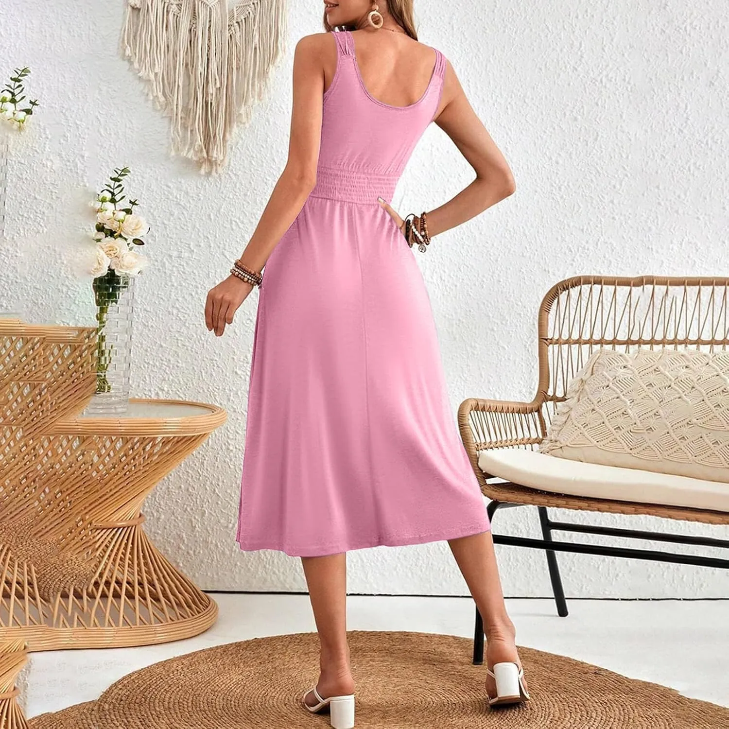 Women's Summer Dresses 2025 Sleeveless Button Down Smocked Empire Waist Casual A-Line Swing Midi Dress Tanks Sundress