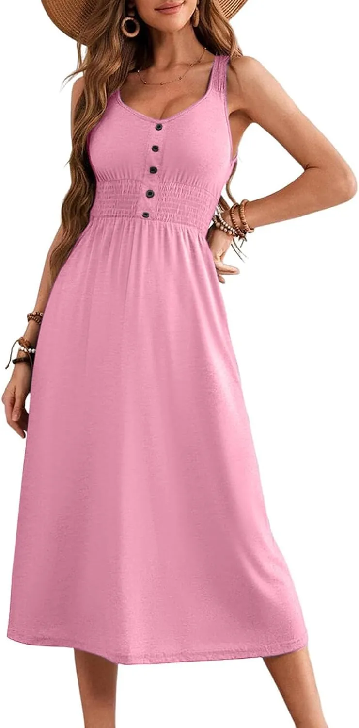 Women's Summer Dresses 2025 Sleeveless Button Down Smocked Empire Waist Casual A-Line Swing Midi Dress Tanks Sundress