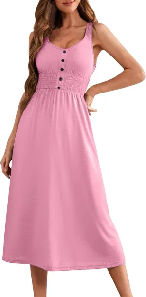 Women's Summer Dresses 2025 Sleeveless Button Down Smocked Empire Waist Casual A-Line Swing Midi Dress Tanks Sundress