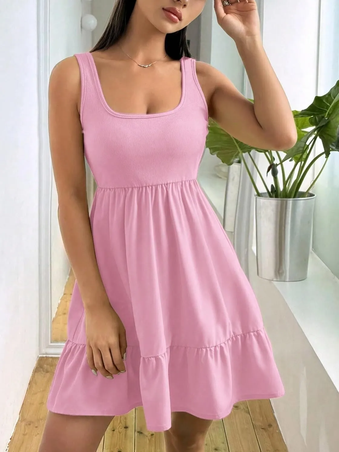 Women's Summer Ribbed Splice Ruffle Hem Sleeveless Casual Dress Backless Fashion Short Dresses for Women