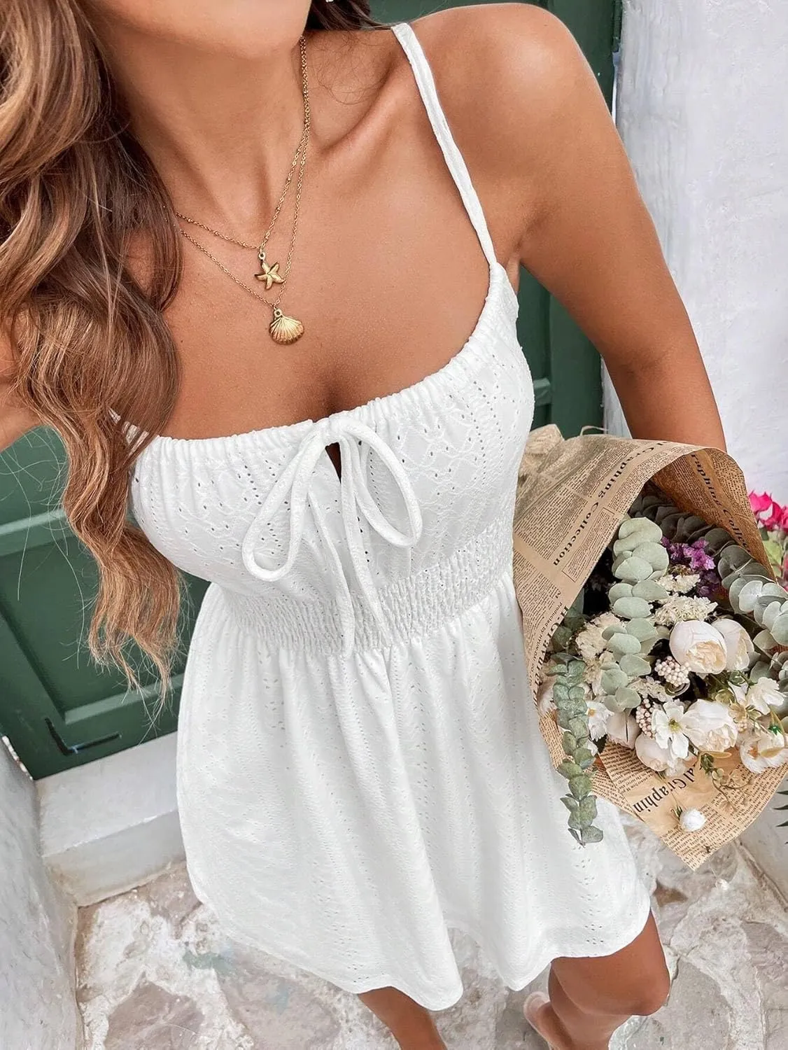 Women's Tie Front Shirred Waist Cami Short Dress Summer Vacation Fashion Dresses for Women