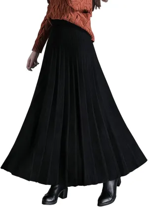 Women's Winter Long Skirt High Waist Elegant Knitted Warm Elastic Waist Maxi Pleated Skirt
