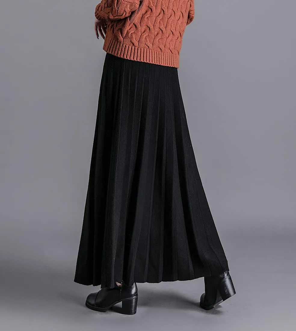 Women's Winter Long Skirt High Waist Elegant Knitted Warm Elastic Waist Maxi Pleated Skirt