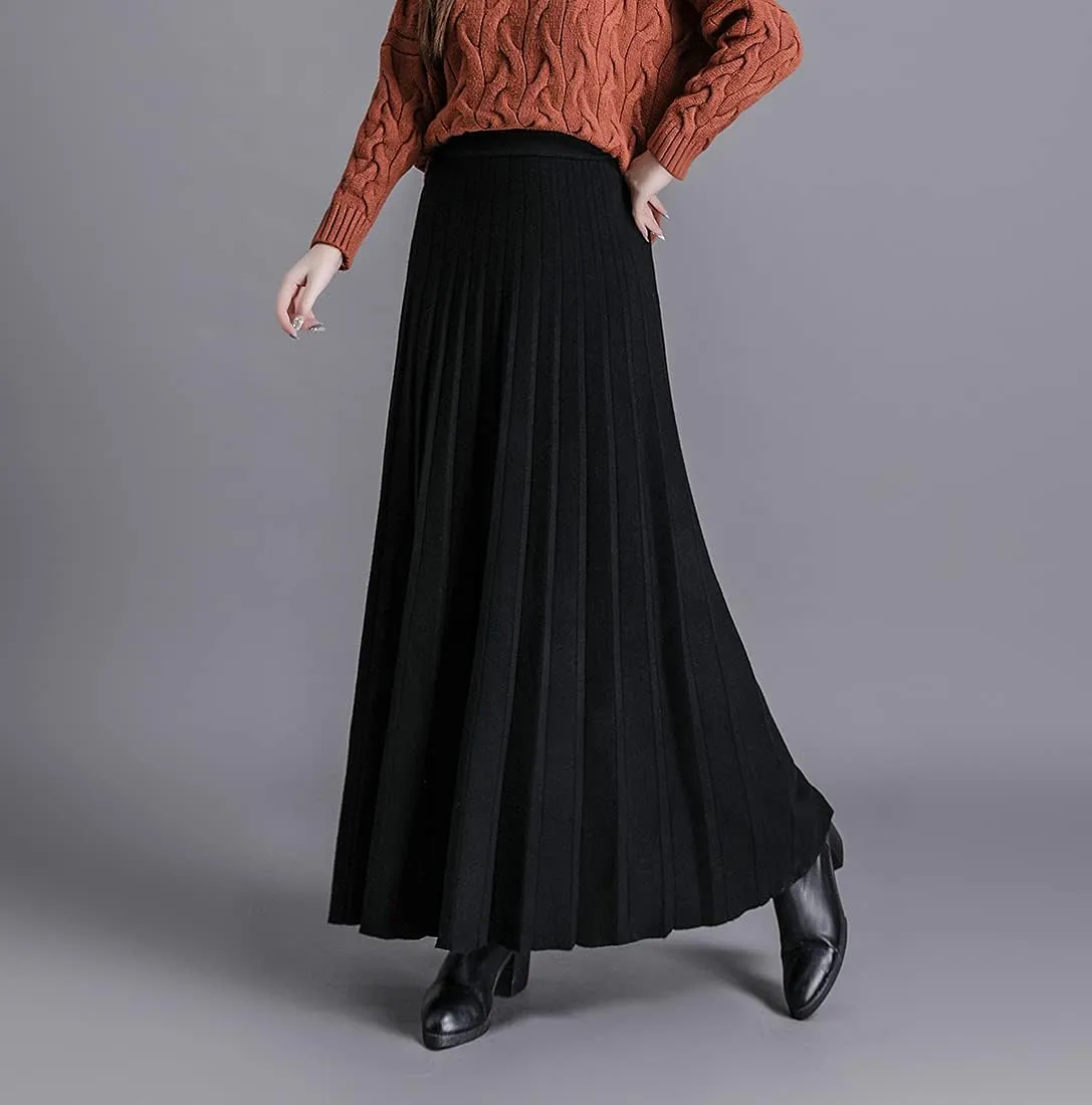 Women's Winter Long Skirt High Waist Elegant Knitted Warm Elastic Waist Maxi Pleated Skirt