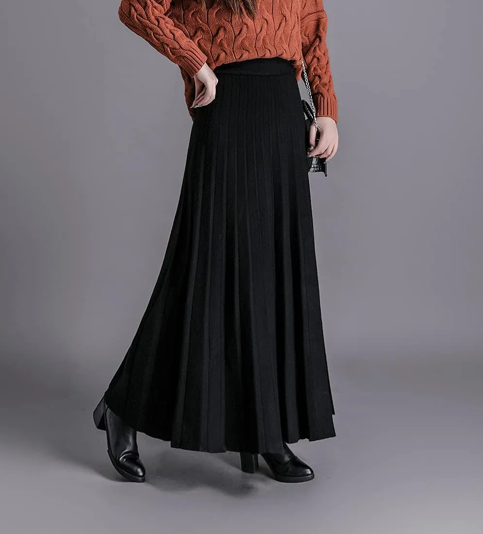 Women's Winter Long Skirt High Waist Elegant Knitted Warm Elastic Waist Maxi Pleated Skirt