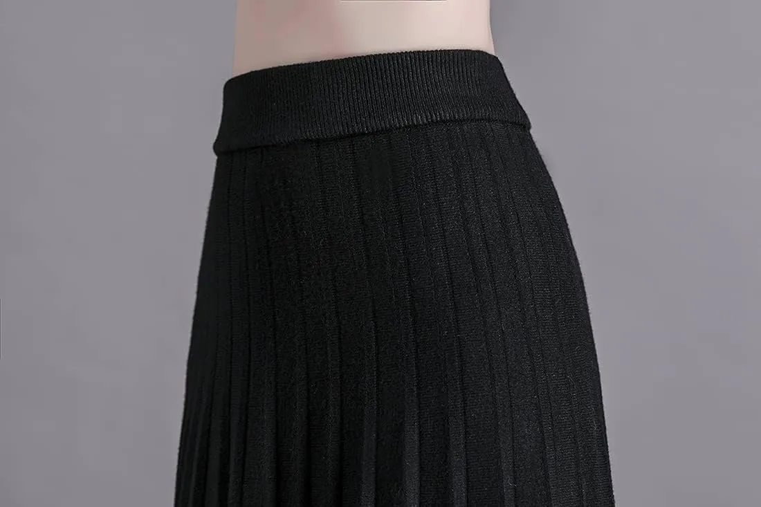Women's Winter Long Skirt High Waist Elegant Knitted Warm Elastic Waist Maxi Pleated Skirt