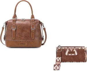Wrangler Doctor Bag Top Handle Purse Hobo Shoulder Barrel Satchel Handbags and Aztec Clutch Wristlet Wallet Set