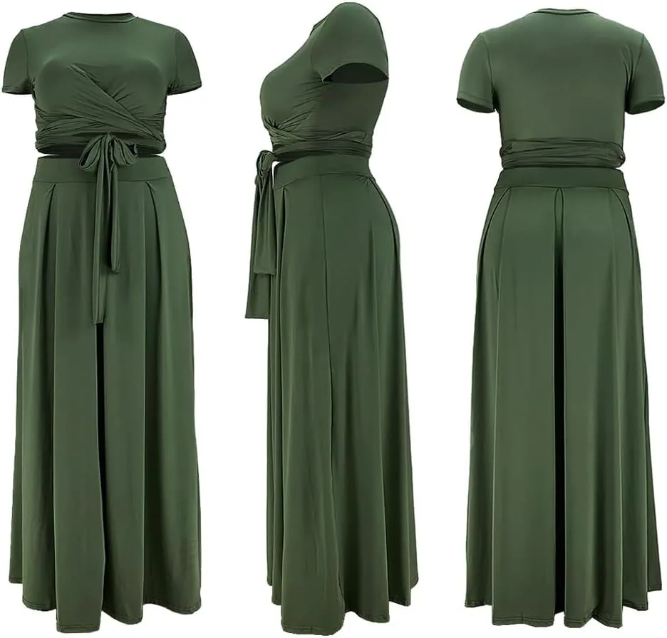 XYGJZ Women Plus Size 2 Piece Dress Outfits Short Sleeve Bandage Tie Up Crop Top and Maxi Skirt Set