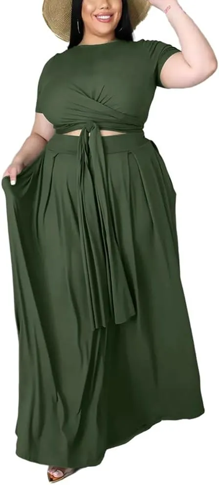 XYGJZ Women Plus Size 2 Piece Dress Outfits Short Sleeve Bandage Tie Up Crop Top and Maxi Skirt Set