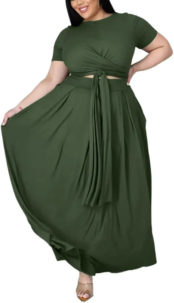 XYGJZ Women Plus Size 2 Piece Dress Outfits Short Sleeve Bandage Tie Up Crop Top and Maxi Skirt Set