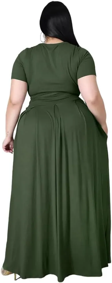 XYGJZ Women Plus Size 2 Piece Dress Outfits Short Sleeve Bandage Tie Up Crop Top and Maxi Skirt Set