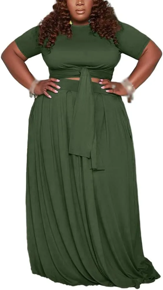 XYGJZ Women Plus Size 2 Piece Dress Outfits Short Sleeve Bandage Tie Up Crop Top and Maxi Skirt Set
