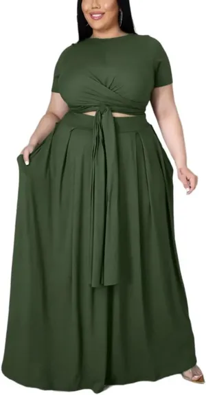 XYGJZ Women Plus Size 2 Piece Dress Outfits Short Sleeve Bandage Tie Up Crop Top and Maxi Skirt Set