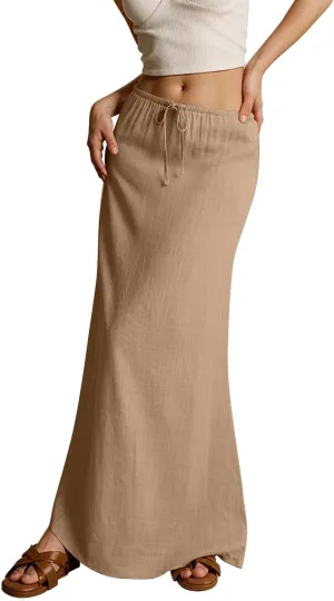 YEMOCILE Womens Linen Maxi Skirt Summer Casual Comfy Skirt Drawstring Waist A Line Boho Long Flowy Skirts