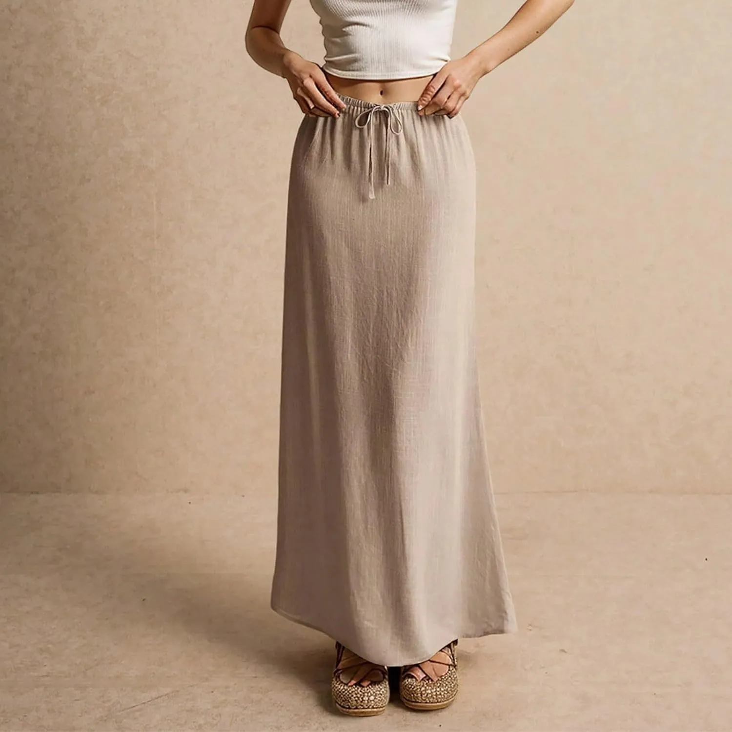 YEMOCILE Womens Linen Maxi Skirt Summer Casual Comfy Skirt Drawstring Waist A Line Boho Long Flowy Skirts