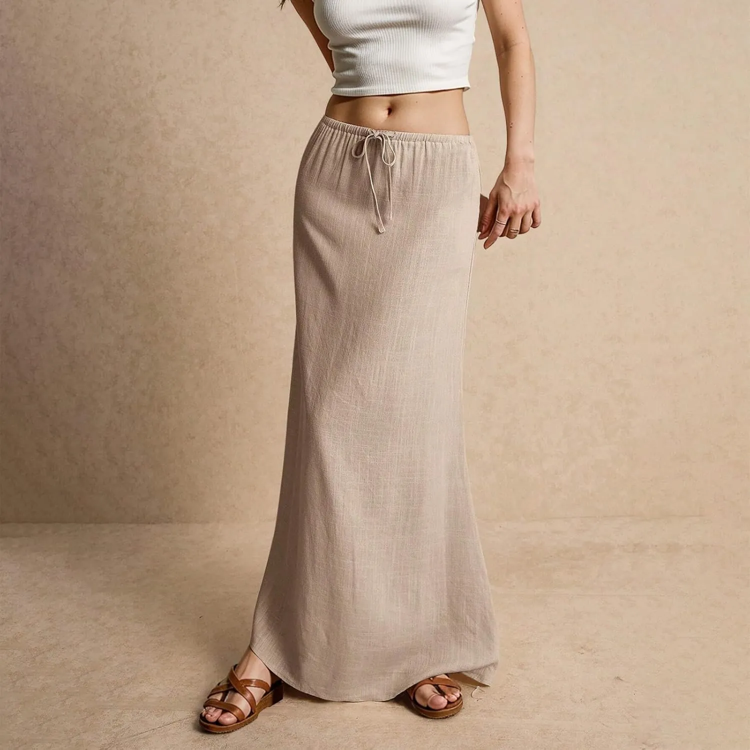 YEMOCILE Womens Linen Maxi Skirt Summer Casual Comfy Skirt Drawstring Waist A Line Boho Long Flowy Skirts