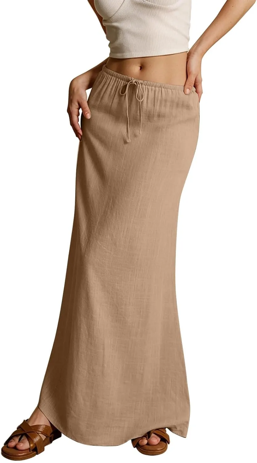 YEMOCILE Womens Linen Maxi Skirt Summer Casual Comfy Skirt Drawstring Waist A Line Boho Long Flowy Skirts