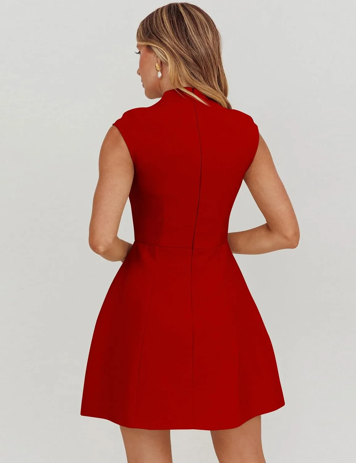 YMDUCH Women's Summer Cap Sleeve Mock Neck Slim Fit A-line Mini Party Dress