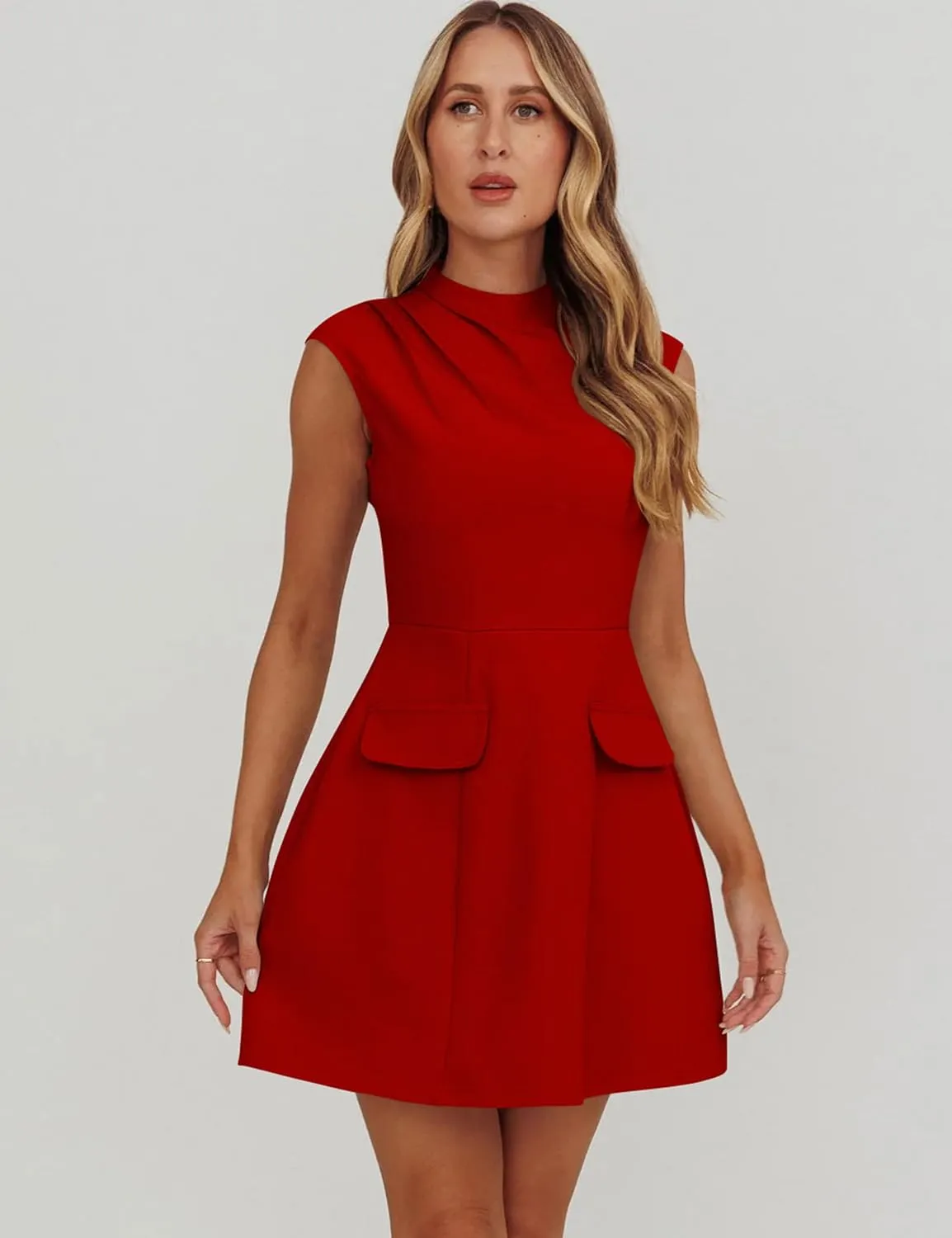YMDUCH Women's Summer Cap Sleeve Mock Neck Slim Fit A-line Mini Party Dress