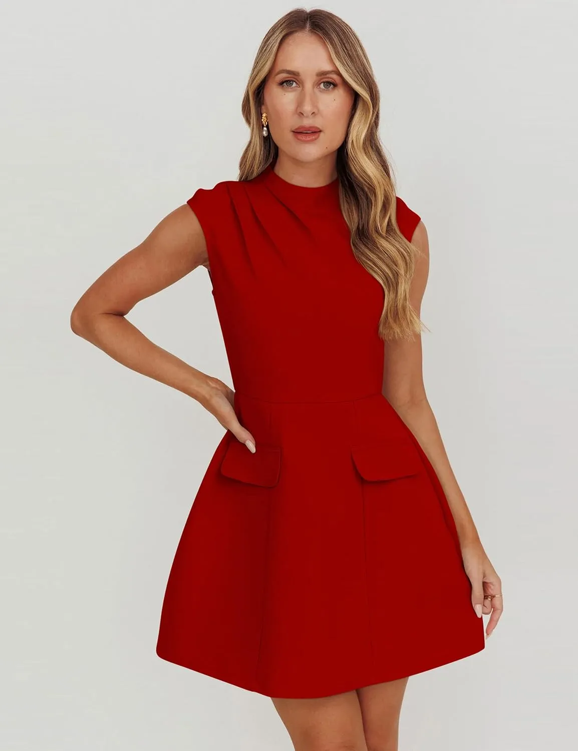 YMDUCH Women's Summer Cap Sleeve Mock Neck Slim Fit A-line Mini Party Dress