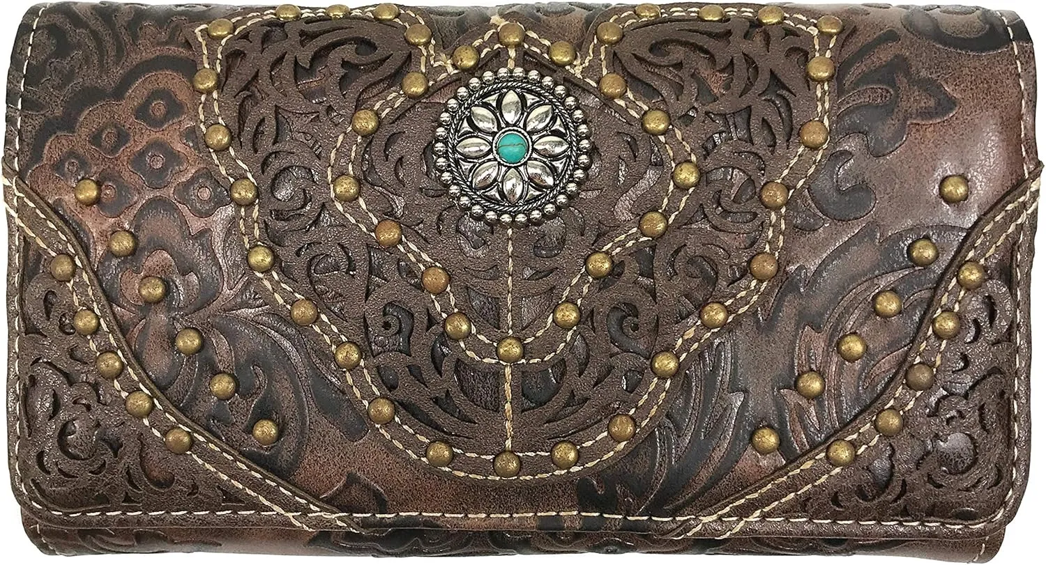 Zelris Women Western Floral Damask Pattern Medallion Crossbody Wrist Trifold Wallet (Brown)