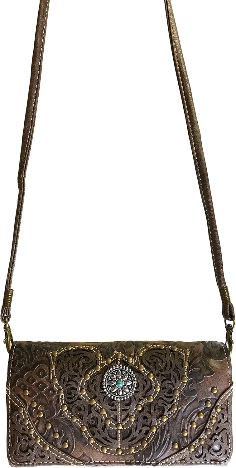 Zelris Women Western Floral Damask Pattern Medallion Crossbody Wrist Trifold Wallet (Brown)
