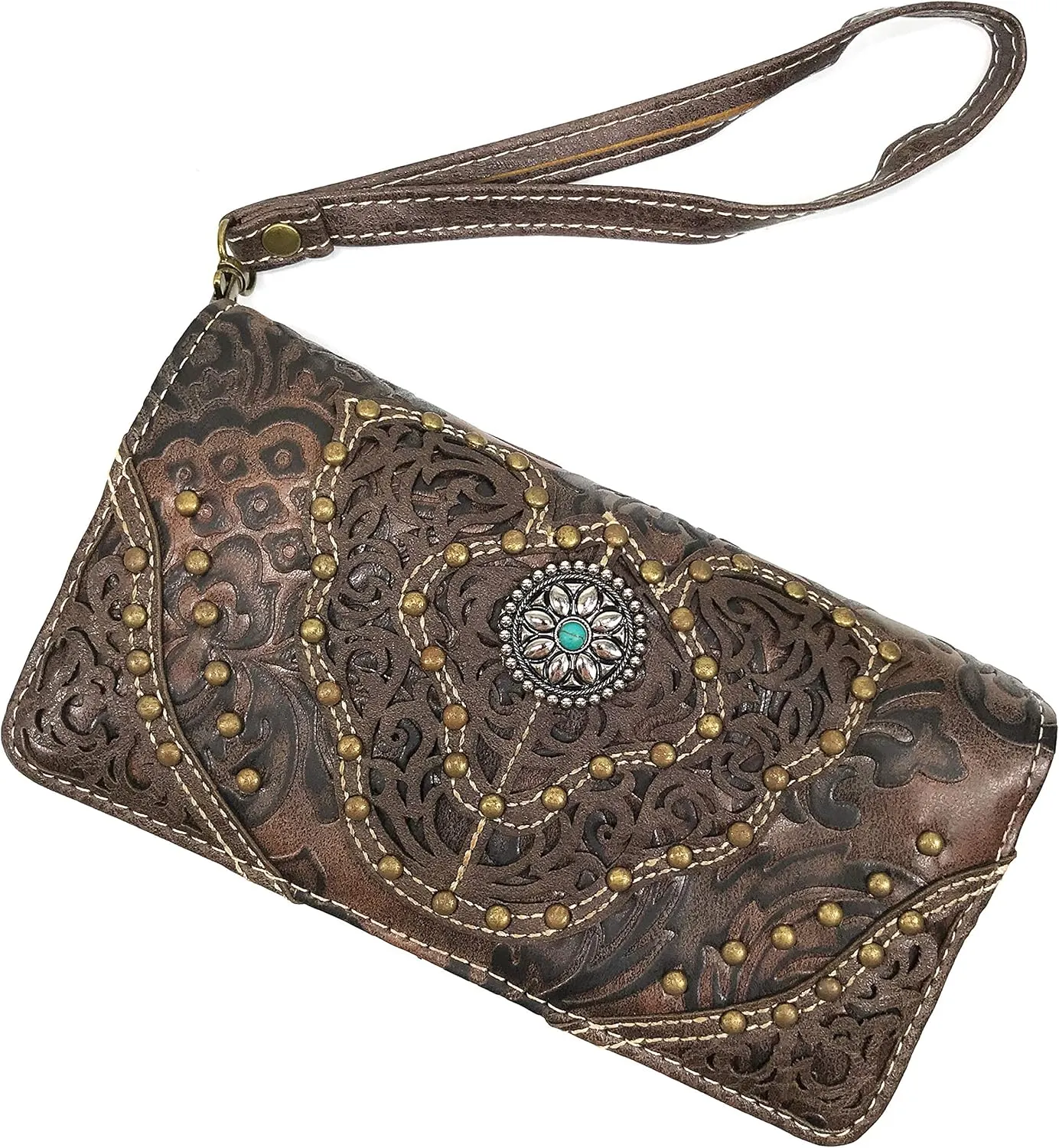 Zelris Women Western Floral Damask Pattern Medallion Crossbody Wrist Trifold Wallet (Brown)