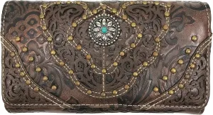 Zelris Women Western Floral Damask Pattern Medallion Crossbody Wrist Trifold Wallet (Brown)