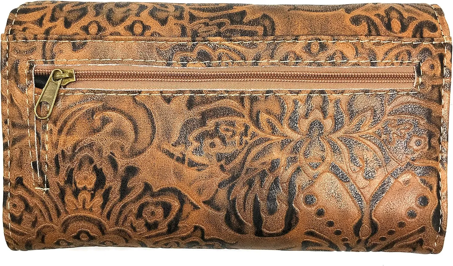 Zelris Women Western Floral Damask Pattern Medallion Crossbody Wrist Trifold Wallet (Tan)
