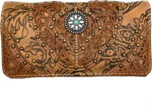 Zelris Women Western Floral Damask Pattern Medallion Crossbody Wrist Trifold Wallet (Tan)