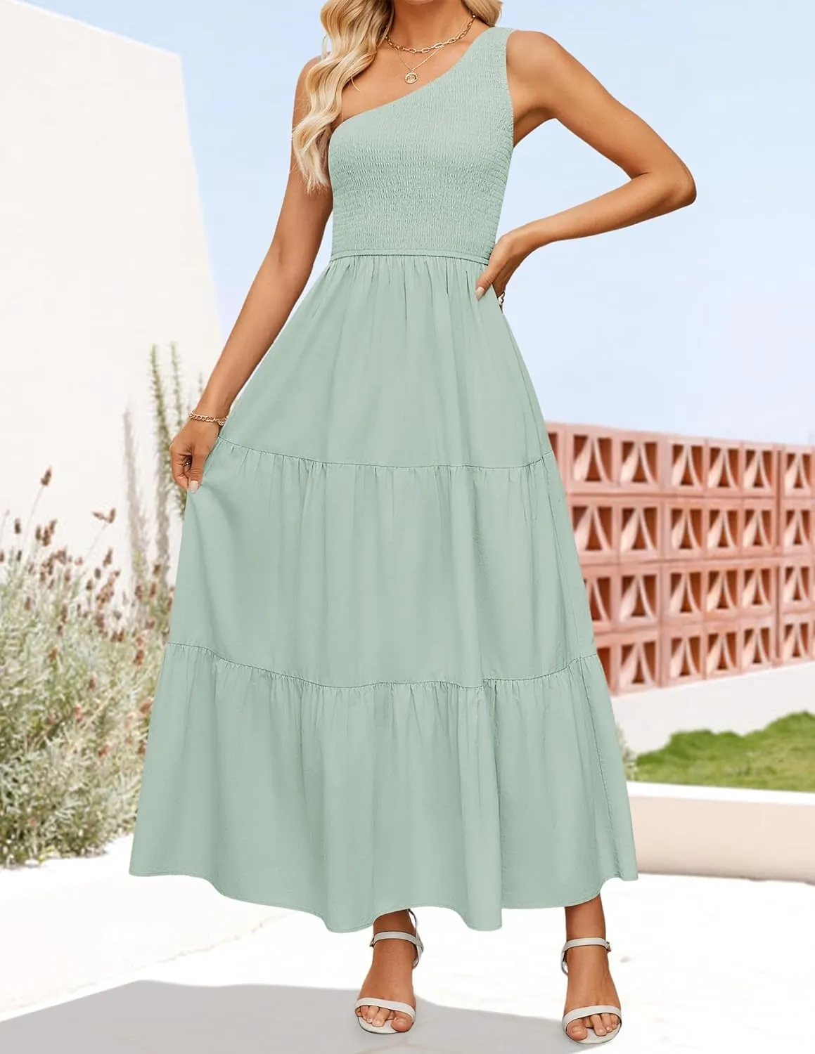 ZESICA Women's 2025 Bohemian Summer Floral Print One Shoulder Sleeveless Smocked Ruffle Tiered Beach Long Midi Dress