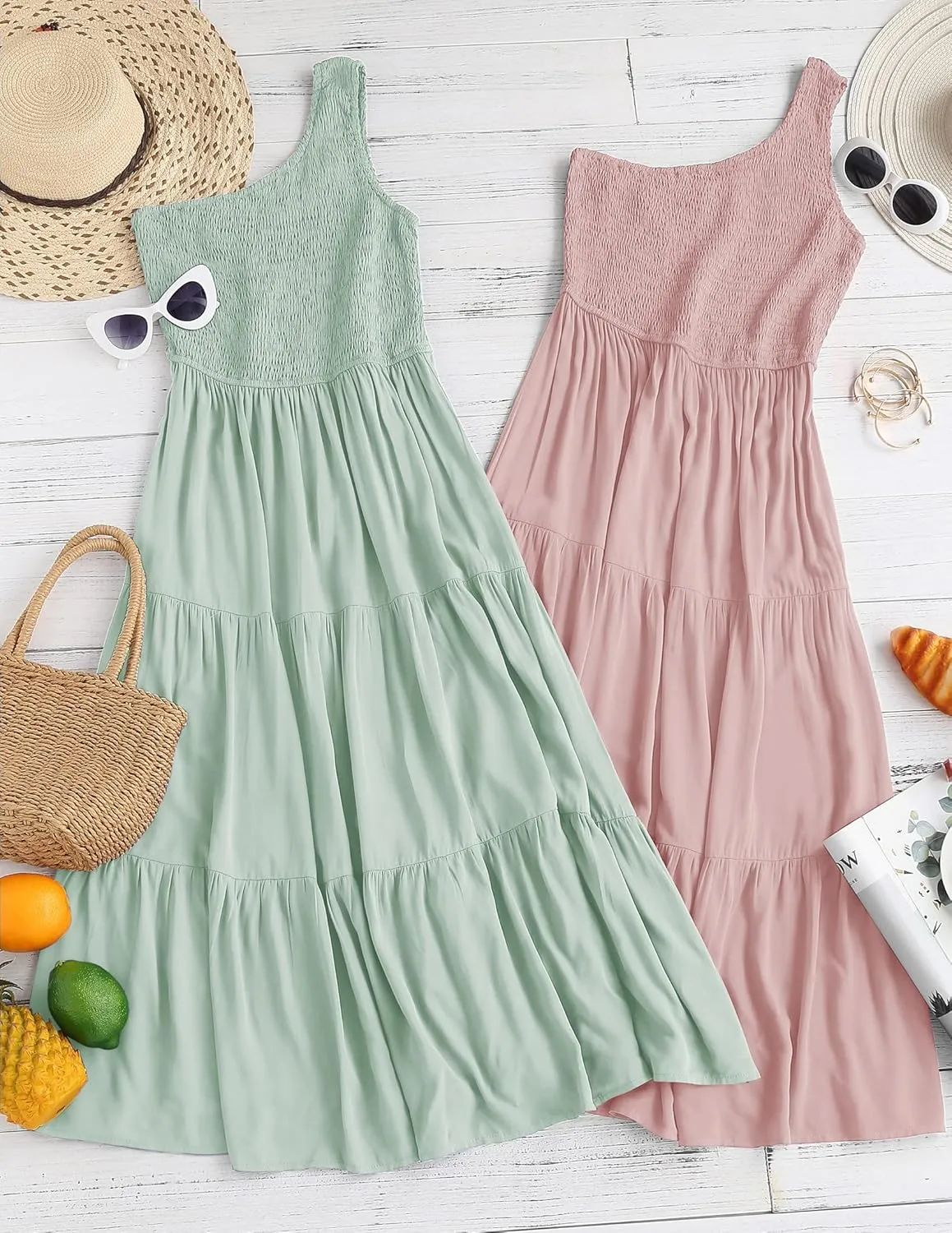 ZESICA Women's 2025 Bohemian Summer Floral Print One Shoulder Sleeveless Smocked Ruffle Tiered Beach Long Midi Dress