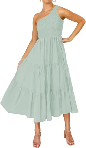 ZESICA Women's 2025 Bohemian Summer Floral Print One Shoulder Sleeveless Smocked Ruffle Tiered Beach Long Midi Dress
