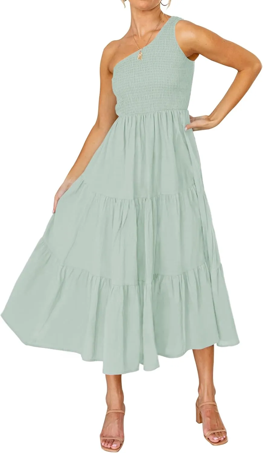 ZESICA Women's 2025 Bohemian Summer Floral Print One Shoulder Sleeveless Smocked Ruffle Tiered Beach Long Midi Dress