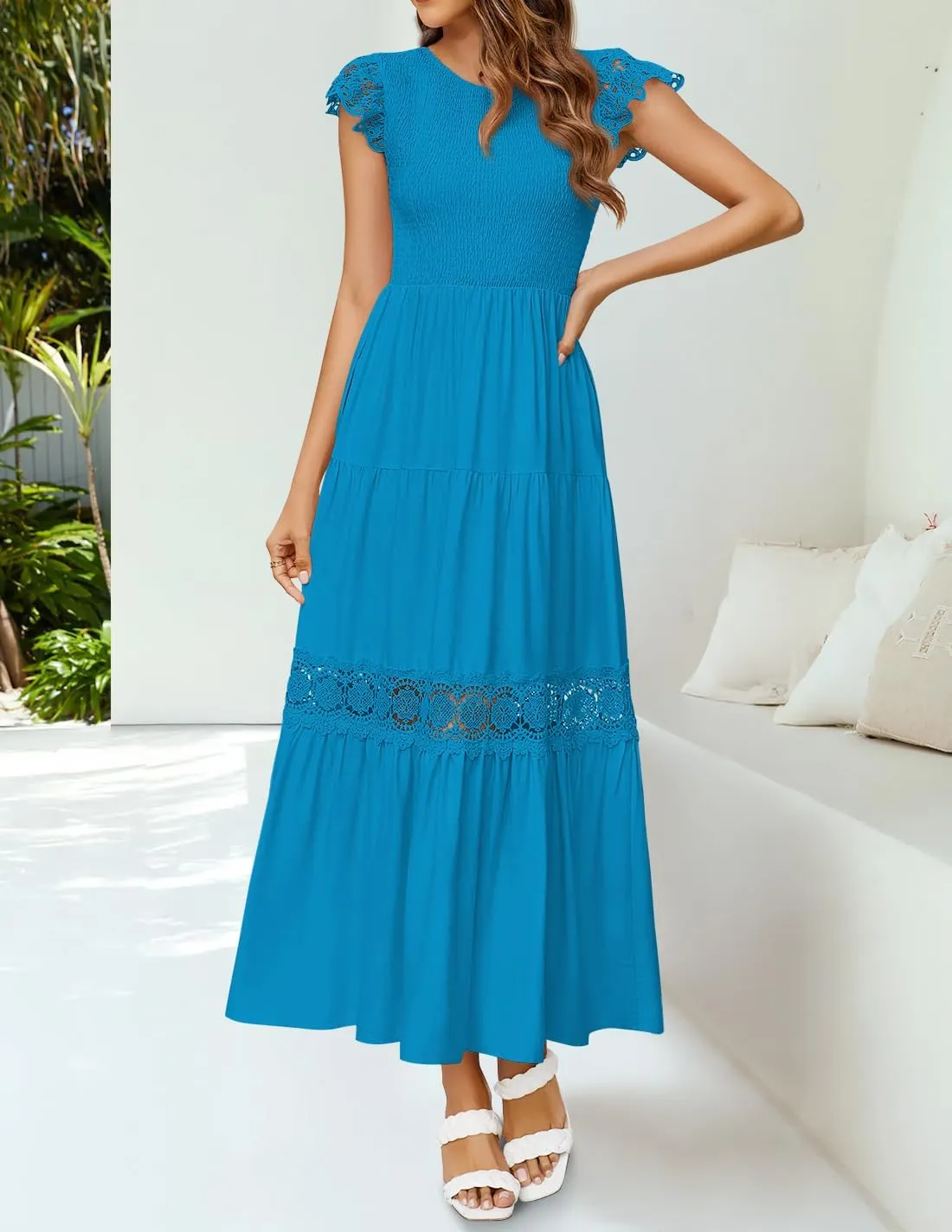 ZESICA Women's Casual Crew Neck Flutter Sleeve Smocked High Waist Hollow Out Lace Trim Tiered A Line Midi Dress