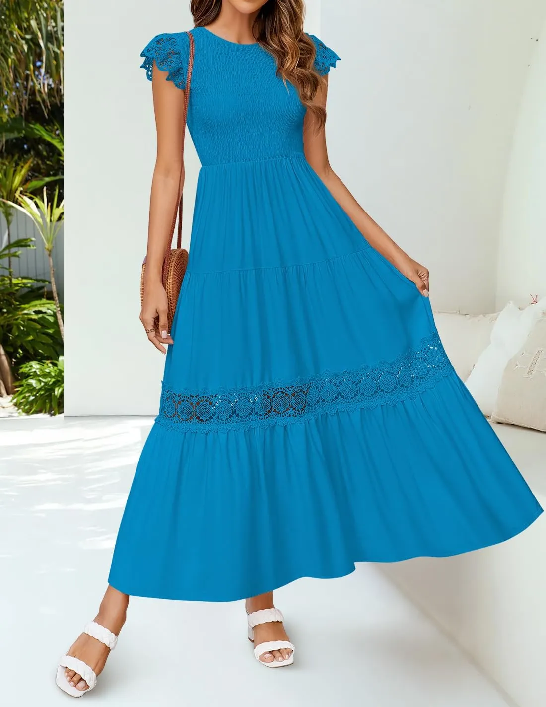 ZESICA Women's Casual Crew Neck Flutter Sleeve Smocked High Waist Hollow Out Lace Trim Tiered A Line Midi Dress