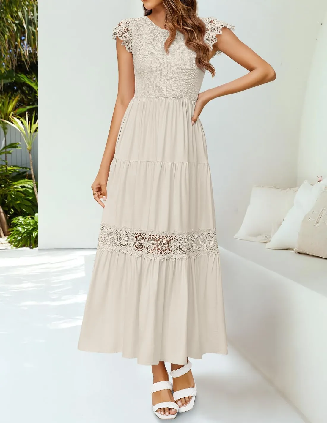 ZESICA Women's Casual Crew Neck Flutter Sleeve Smocked High Waist Hollow Out Lace Trim Tiered A Line Midi Dress