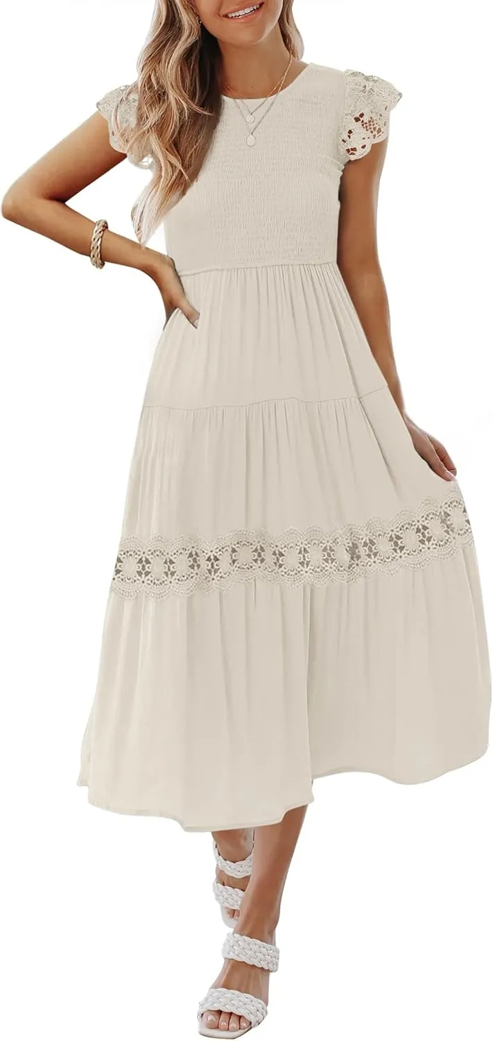 ZESICA Women's Casual Crew Neck Flutter Sleeve Smocked High Waist Hollow Out Lace Trim Tiered A Line Midi Dress