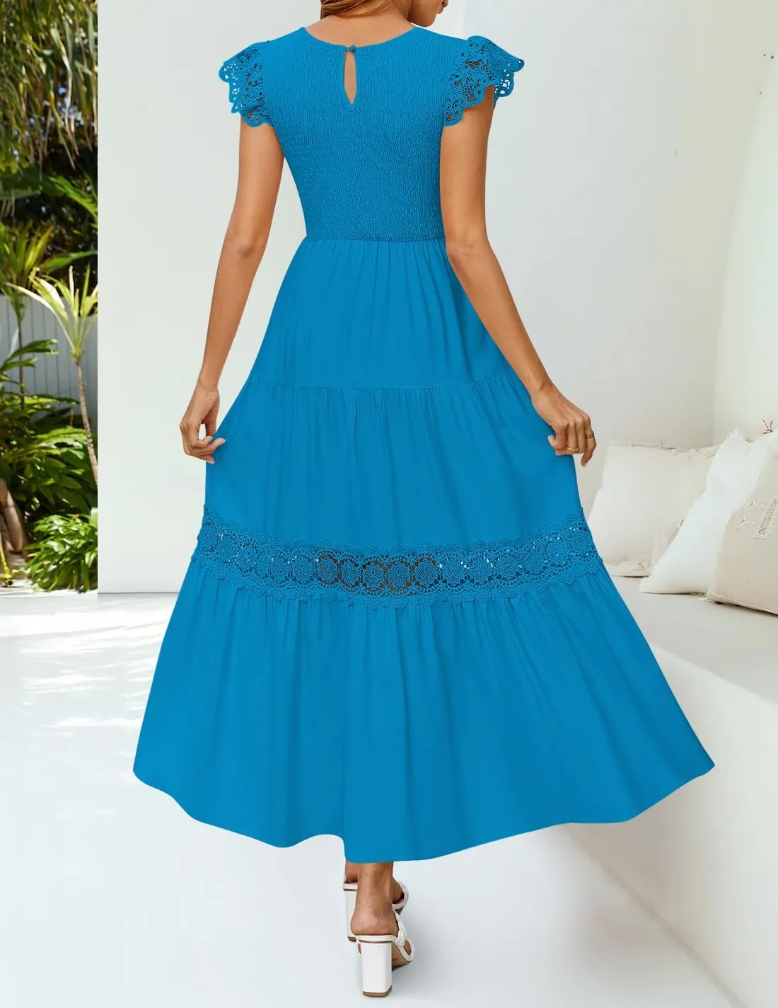 ZESICA Women's Casual Crew Neck Flutter Sleeve Smocked High Waist Hollow Out Lace Trim Tiered A Line Midi Dress