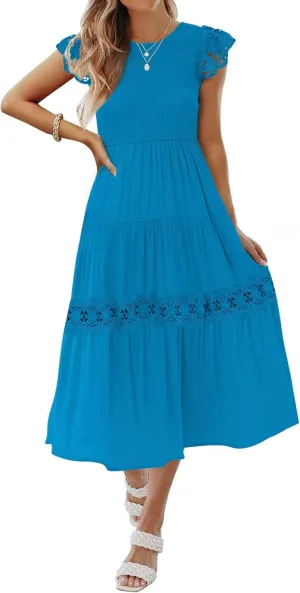 ZESICA Women's Casual Crew Neck Flutter Sleeve Smocked High Waist Hollow Out Lace Trim Tiered A Line Midi Dress