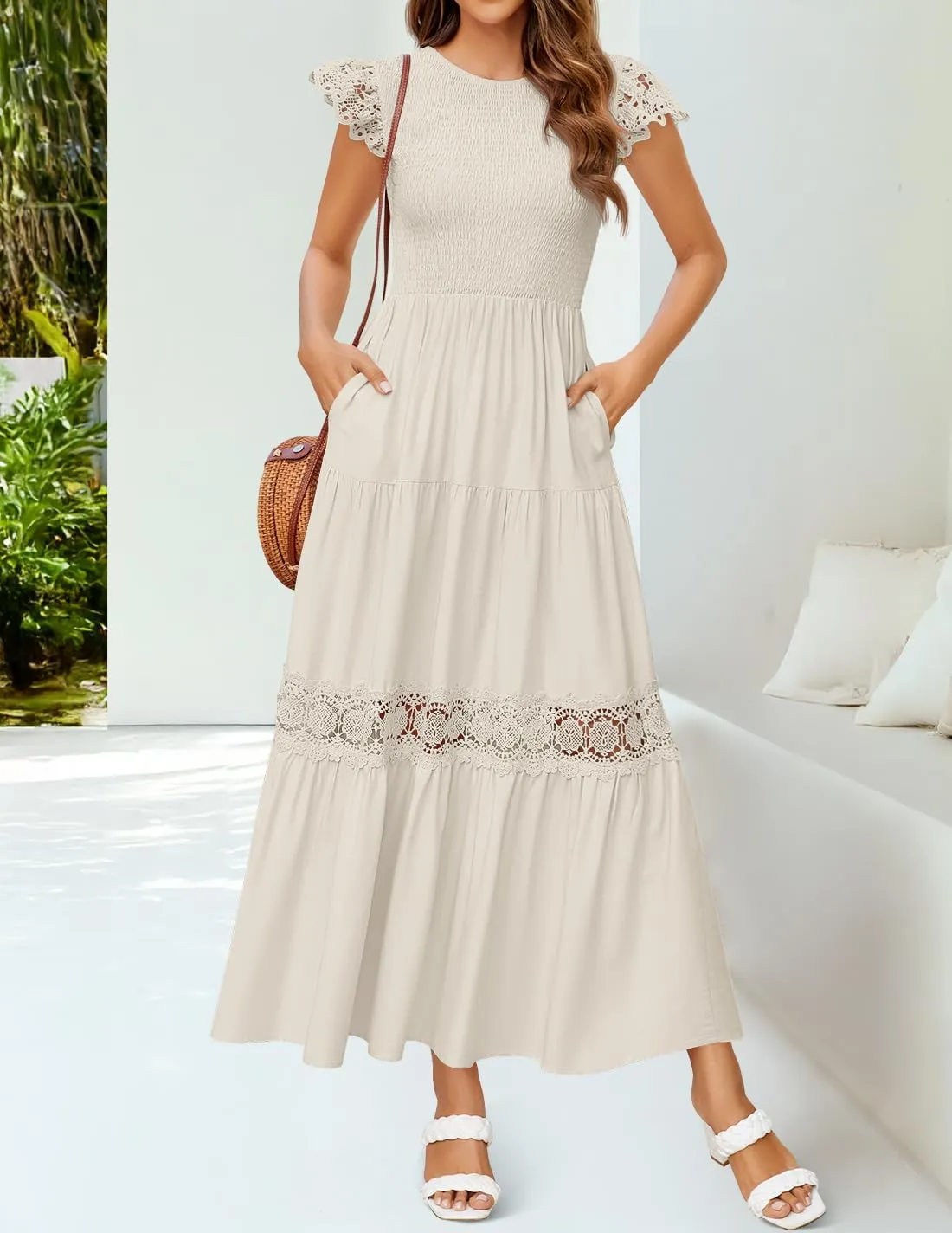 ZESICA Women's Casual Crew Neck Flutter Sleeve Smocked High Waist Hollow Out Lace Trim Tiered A Line Midi Dress